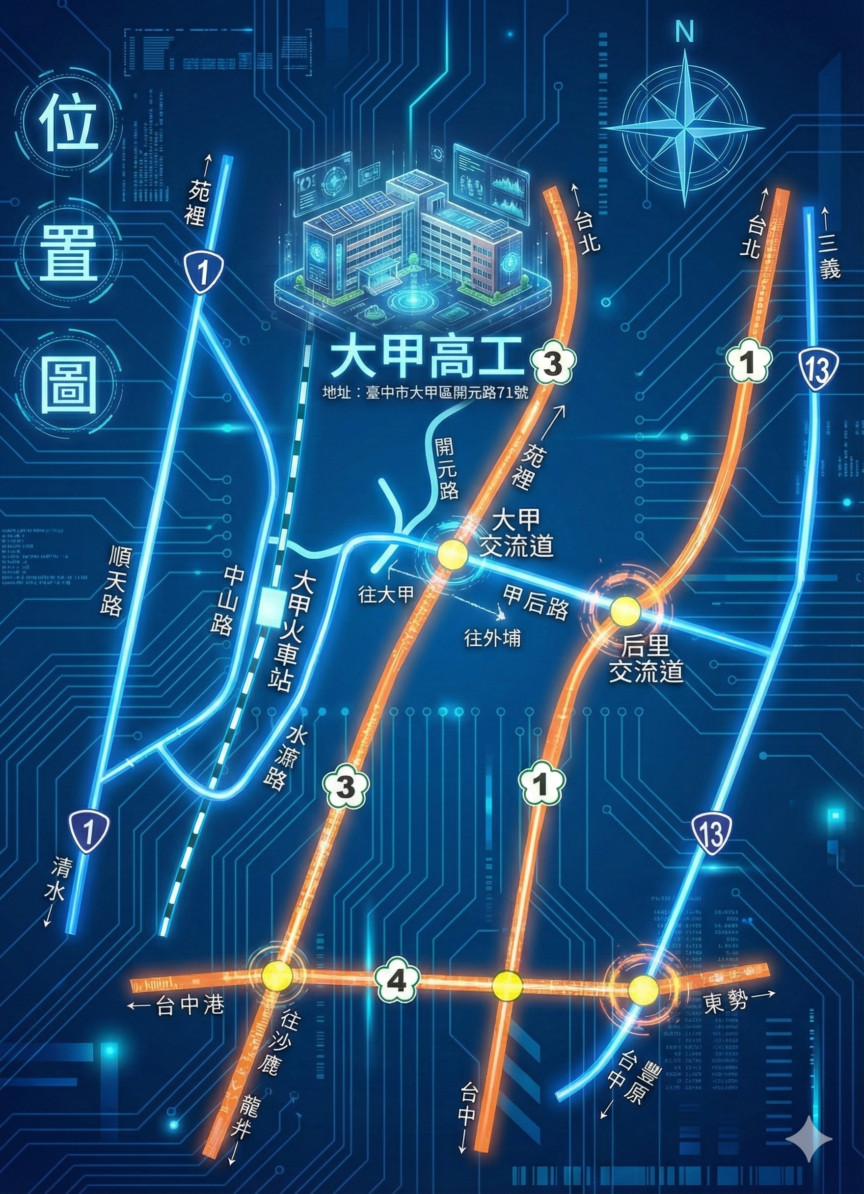 位置圖指引:大甲高工位於國道三號大甲交流道旁，下大甲交流道往大甲方向約2公里處，可以使用導航工具指定導航至臺中市大甲區開元路71號即可抵達