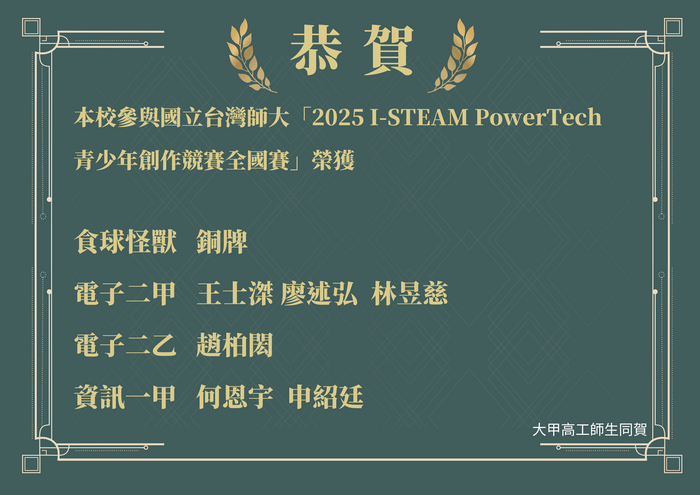 參加國立台灣師大「2025 i-STEAM PowerTech青少年創作競賽全國賽」獲獎圖片